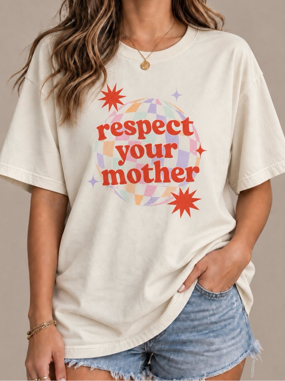Respect Your Mother Disco Ball Pastel Aesthetic Statement Womens Graphic Tee